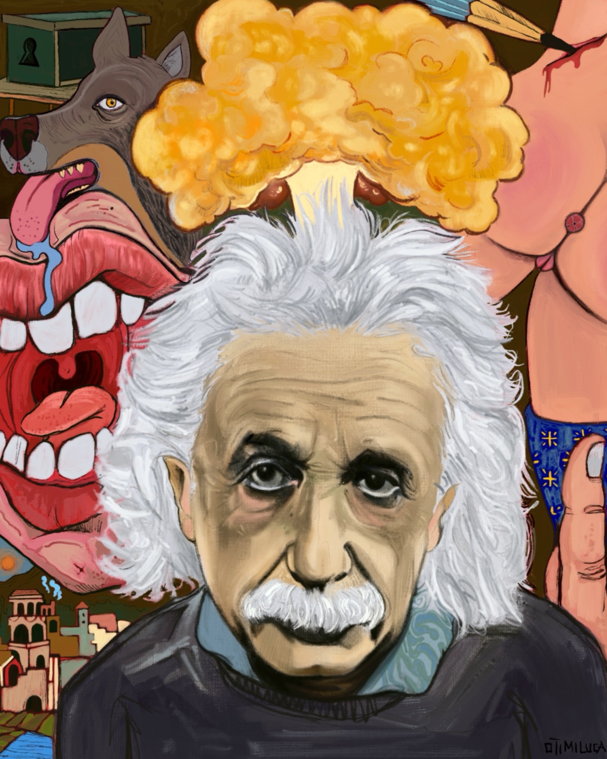 Artwork Deggendorf — Pop Surrealismus Einstein Portrait mit Wolf, Mund und Tattoo Art Elementen, Illustration Deggendorf von Luca Limito Artwork, Atelier Voltaire Artwork / Tattoo Art Deggendorf — pop surrealist Einstein portrait with wolf, mouth and tattoo art motifs, illustration by Luca Limito at Atelier Voltaire