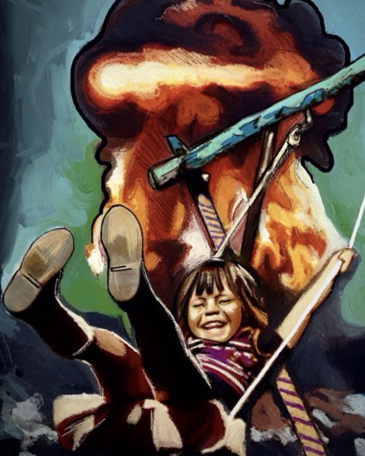Kunst Deggendorf — dramatische Mixed Media Illustration eines Kindes mit Flammen und Marionettenfäden, Illustration Deggendorf von Luca Limito Artwork, Atelier Voltaire / Artwork Deggendorf — dramatic mixed media illustration of a child with flames and puppet strings by Luca Limito at Atelier Voltaire