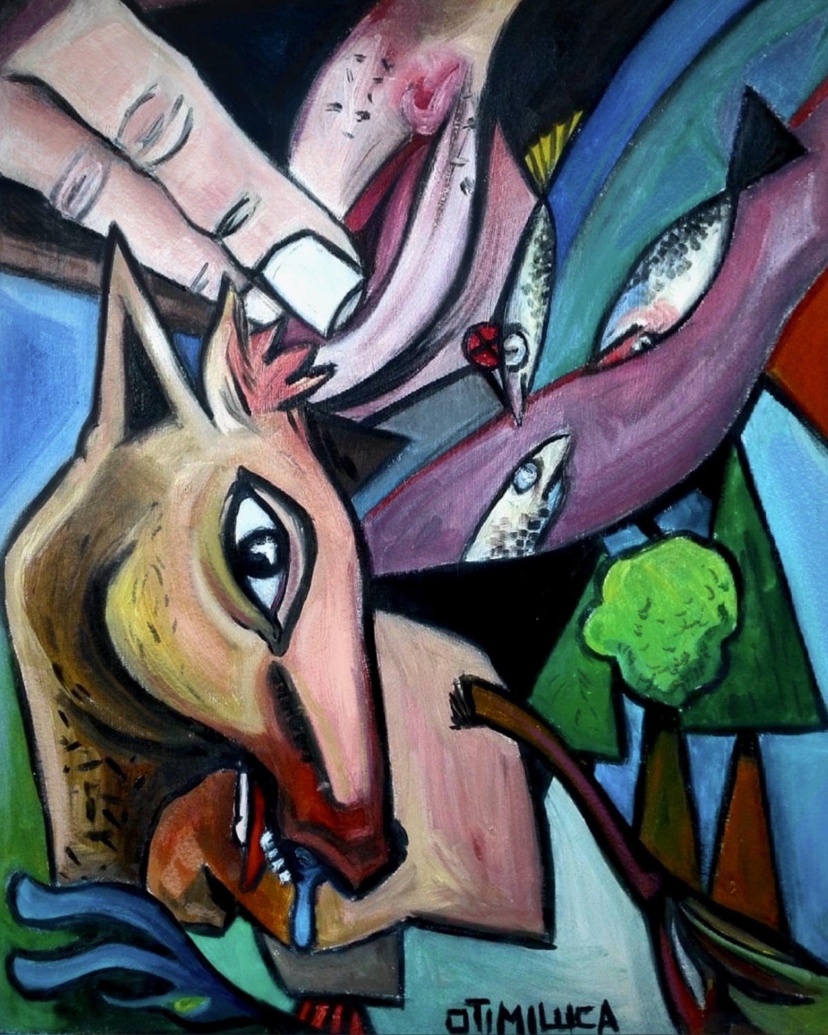 Kunst Deggendorf — kubistisches Ölgemälde mit Hund, Fischen und abstrakten Figuren im Picasso-Stil, Luca Limito Artwork, Atelier Voltaire Artwork Deggendorf / Artwork Deggendorf — cubist oil painting with dog, fish and abstract figures in Picasso style by Luca Limito, Atelier Voltaire Artist Deggendorf
