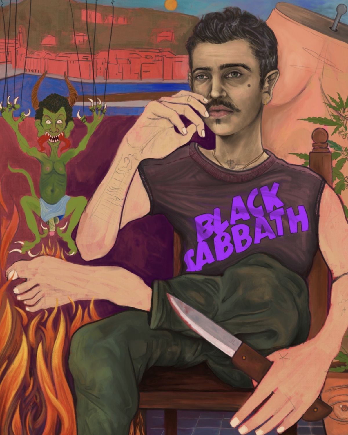 Kunst Deggendorf — surreales Selbstportrait mit Black Sabbath Shirt, Dämon und Flammen, Mixed Media Gemälde von Luca Limito, Atelier Voltaire Artwork Deggendorf / Artwork Deggendorf — surreal self portrait with Black Sabbath shirt, demon and flames, mixed media painting by Luca Limito, Atelier Voltaire Artist Deggendorf