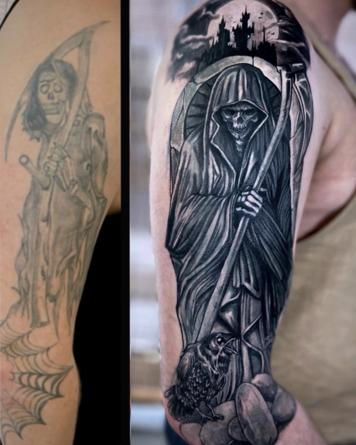 Cover Up Tattoo Deggendorf — realistischer Black & Grey Sensenmann mit Burg Sleeve überdeckt altes Skelett-Tattoo, Tattoo Studio Deggendorf von Luca Limito, Atelier Voltaire Tattoo Studio / Cover up tattoo Deggendorf — realistic black and grey grim reaper with castle sleeve covering old skeleton tattoo by Luca Limito at Atelier Voltaire Tattoo Studio