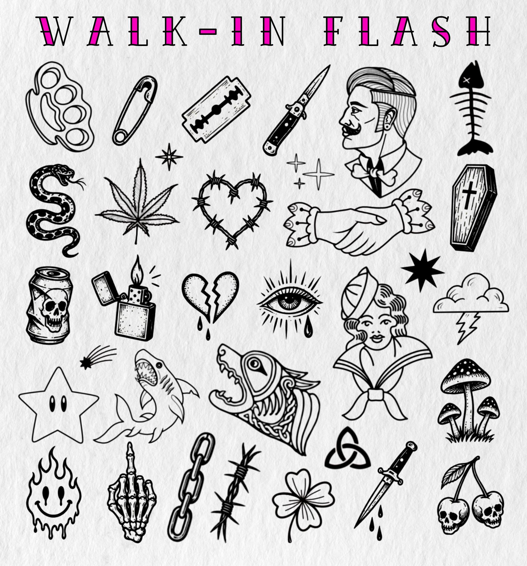 Punk- und Trash-Walk-in-Flash-Designs mit Rasierklinge, Sicherheitsnadel, Stacheldraht, Hai, Ketten, Dolch und Totenköpfen