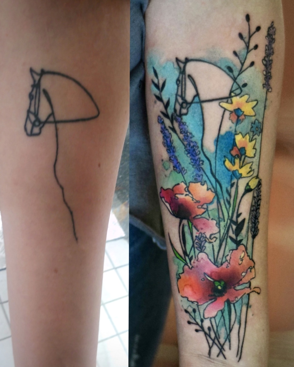 Cover Up Tattoos Deggendorf — Watercolor Wildblumen-Bouquet Unterarm verdeckt Pferd-Linienzeichnung, Tattoo Studio Deggendorf Luca Limito Tattoo, Atelier Voltaire Tattoo Studio / Cover up tattoos Deggendorf — watercolor wildflower bouquet on forearm covering horse line tattoo by Luca Limito at Atelier Voltaire Tattoo Studio