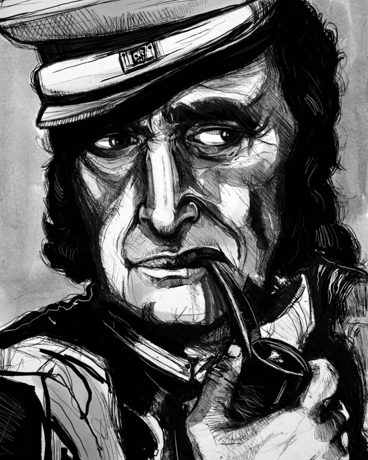 Tattoo Art Deggendorf — Tinten Portrait eines Mannes mit Schiffermütze und Pfeife, Illustration Deggendorf von Luca Limito Artwork, Atelier Voltaire / Tattoo art Deggendorf — ink portrait of a man with sailor cap and pipe, illustration by Luca Limito at Atelier Voltaire
