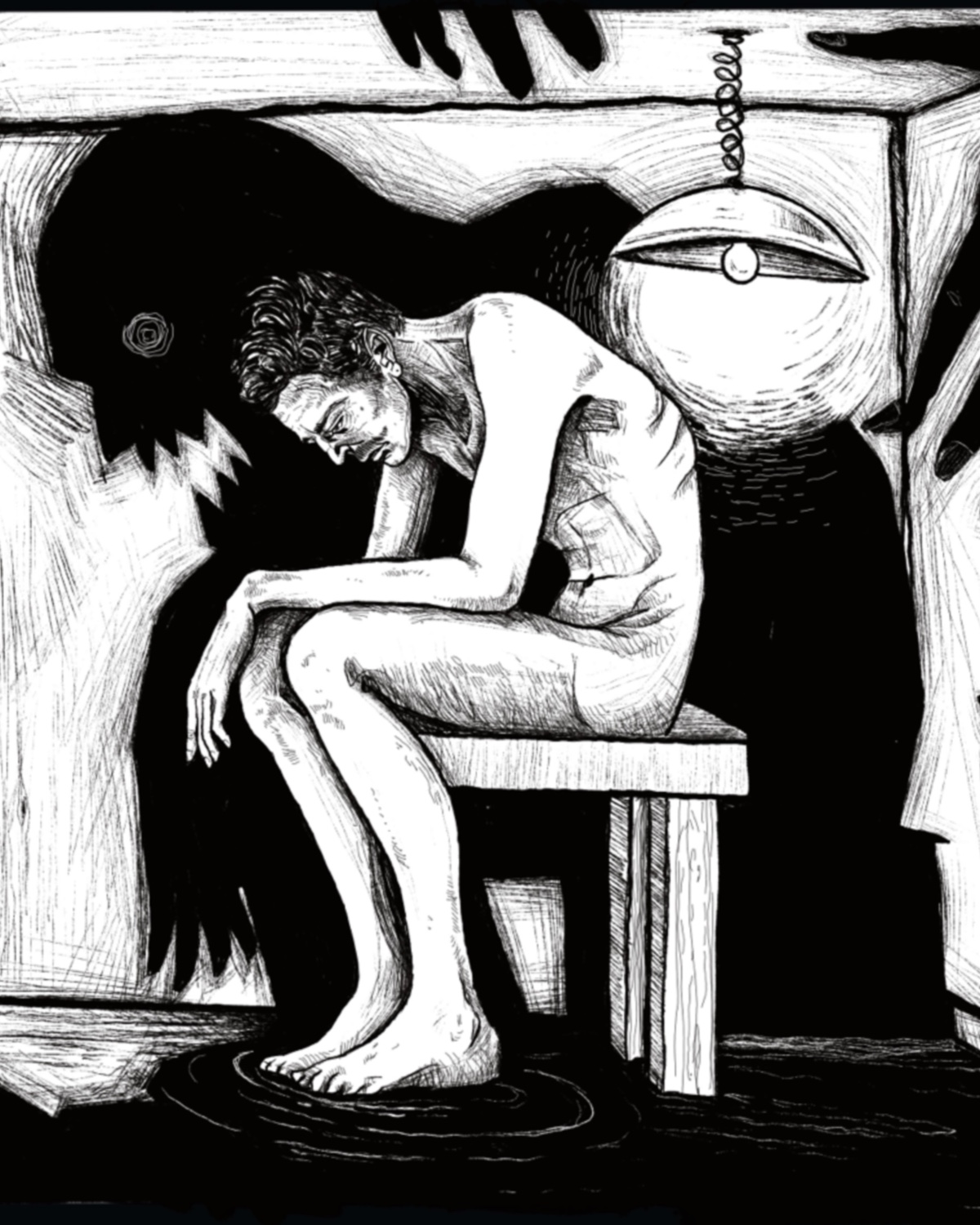 Illustration Deggendorf — feinlinige Schwarzweiß Tuschezeichnung sitzender Figur unter Lampe, surreale Kunst Deggendorf von Luca Limito Artwork, Atelier Voltaire / Illustration Deggendorf — fine line black and white ink drawing of seated figure under lamp, surreal artwork by Luca Limito at Atelier Voltaire