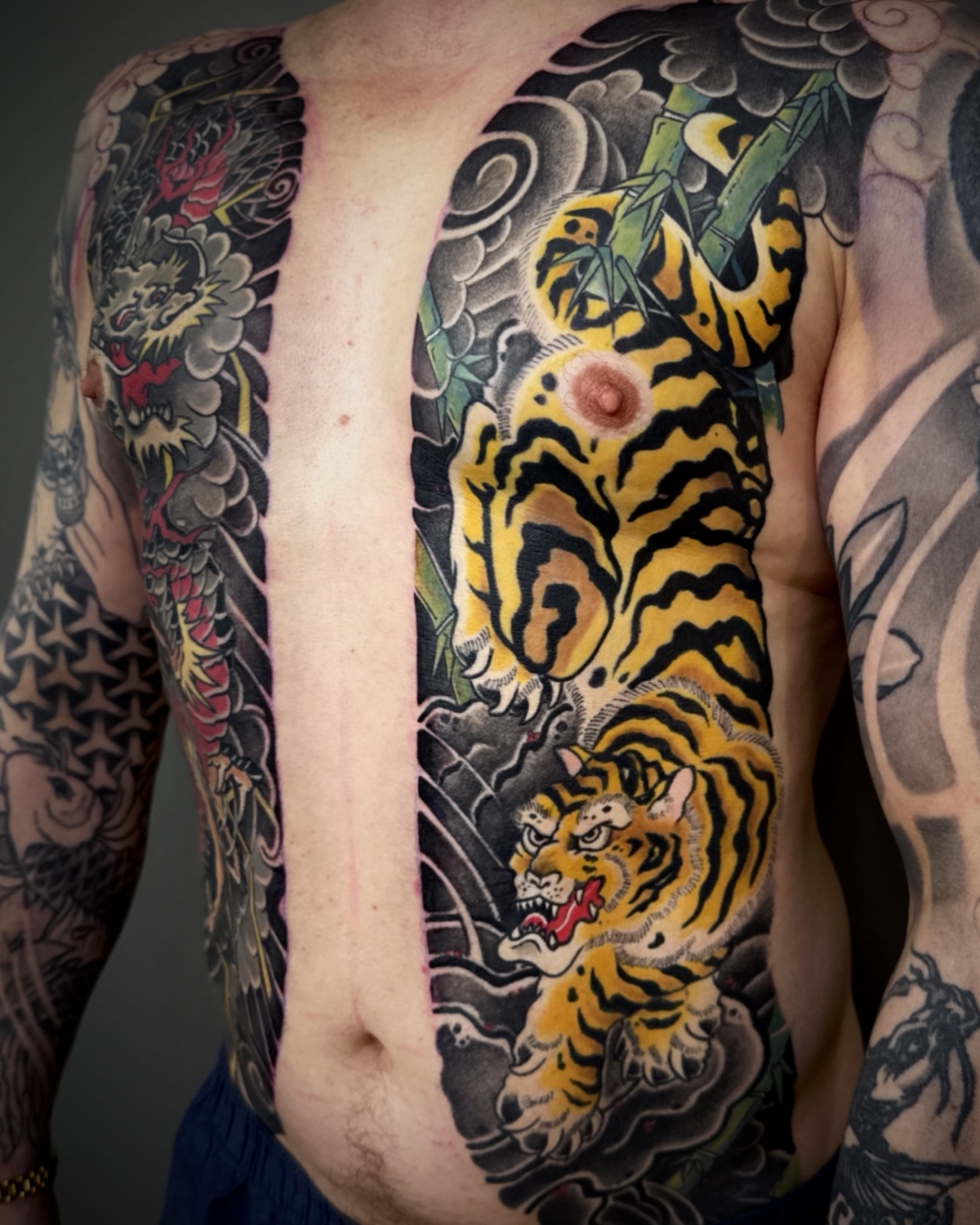 Japanischer Tiger Brust Tattoo mit Bambus — ethnische Komposition Tattoo Studio Deggendorf von Luca Limito