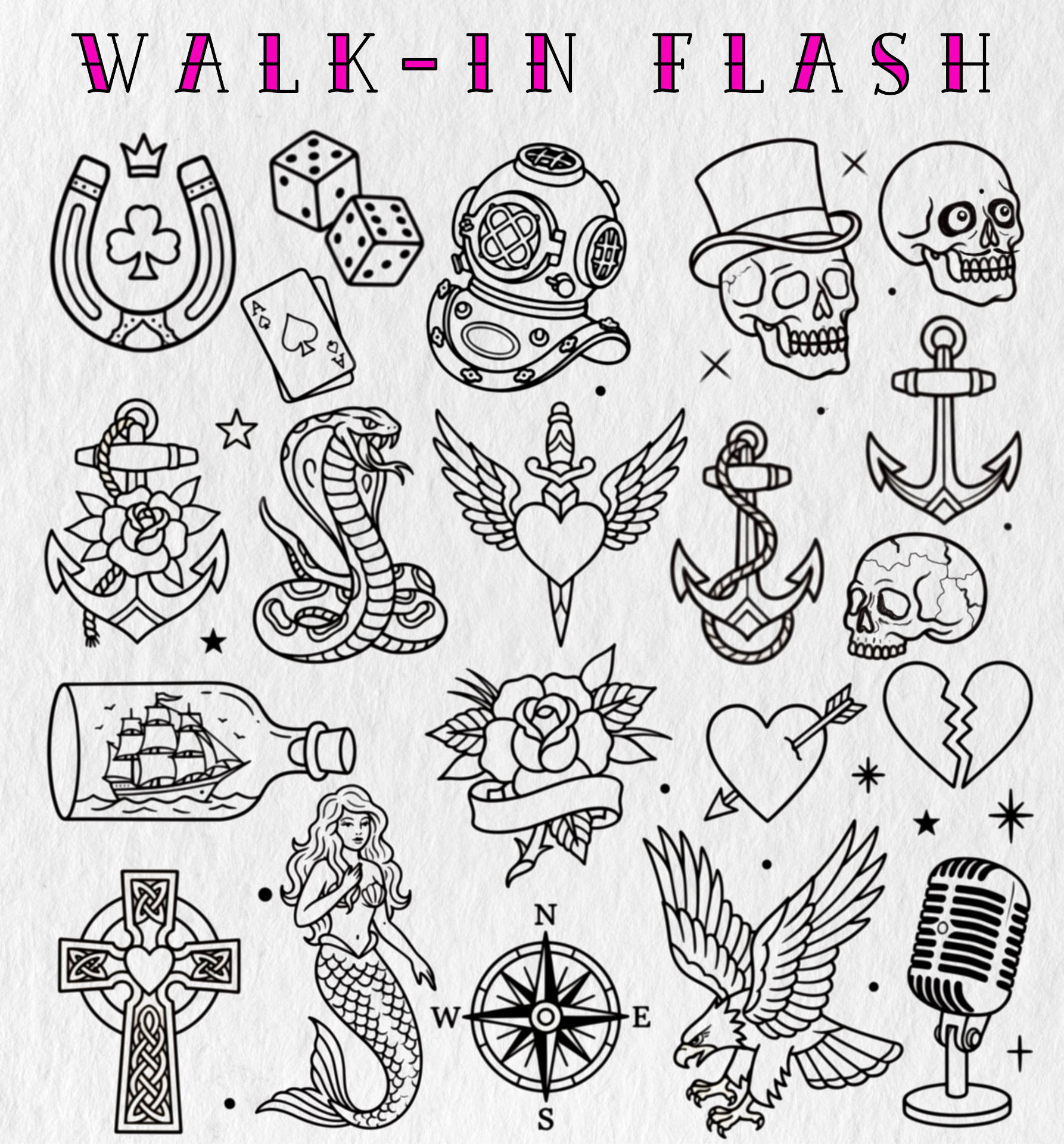Traditional Linework Walk-in Flash Designs mit Ankern, Totenköpfen, Würfeln, Rose, Meerjungfrau, Adler und Kompass