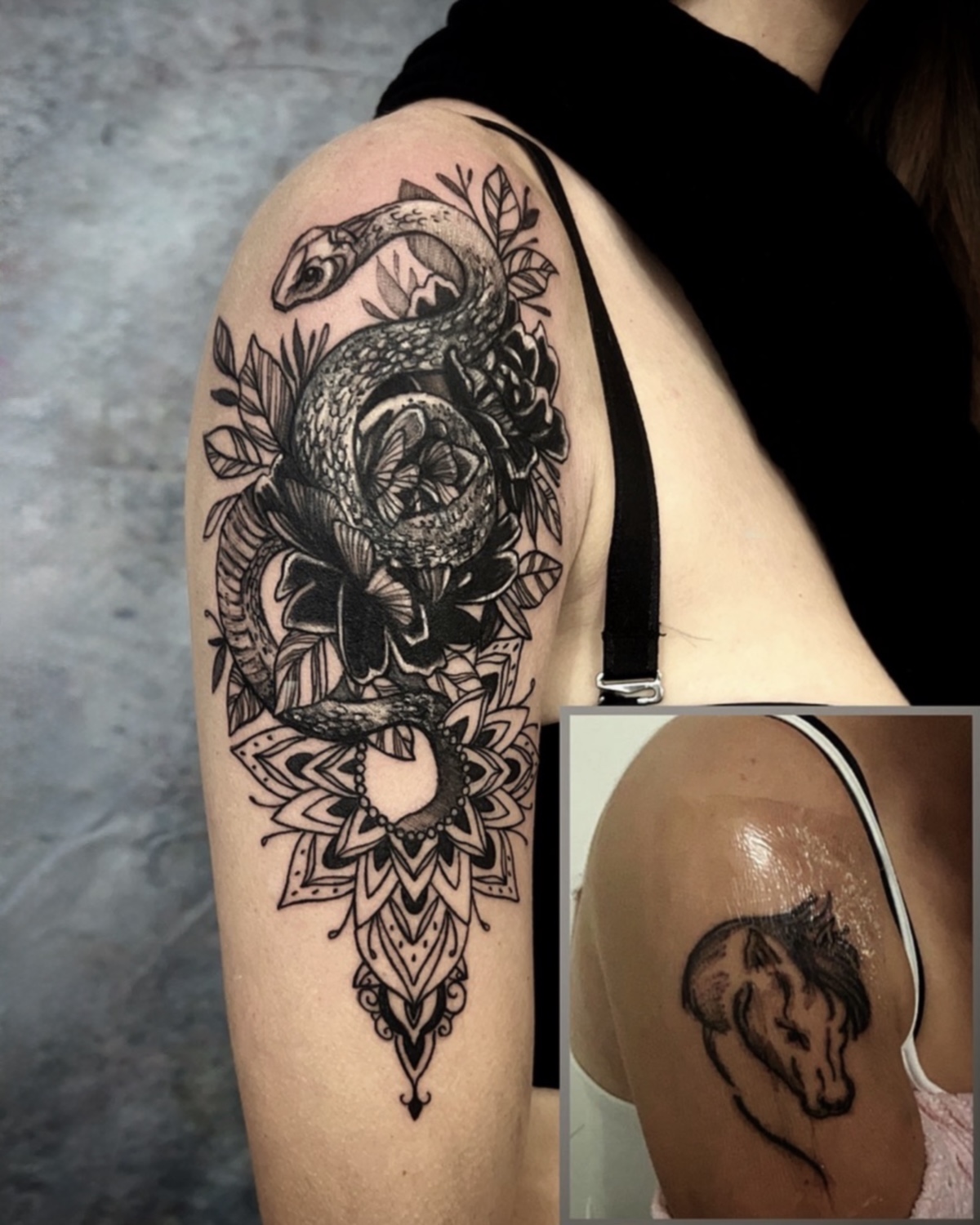 Cover Up Tattoos Deggendorf — Schlange mit Mandala und Blüten Oberarm verdeckt altes Pferd-Tattoo, Tätowierer Deggendorf Luca Limito, Atelier Voltaire Tattoo Studio / Cover up tattoos Deggendorf — snake with mandala and florals on upper arm covering old horse tattoo by Luca Limito Tattoo, Atelier Voltaire Tattoo Studio