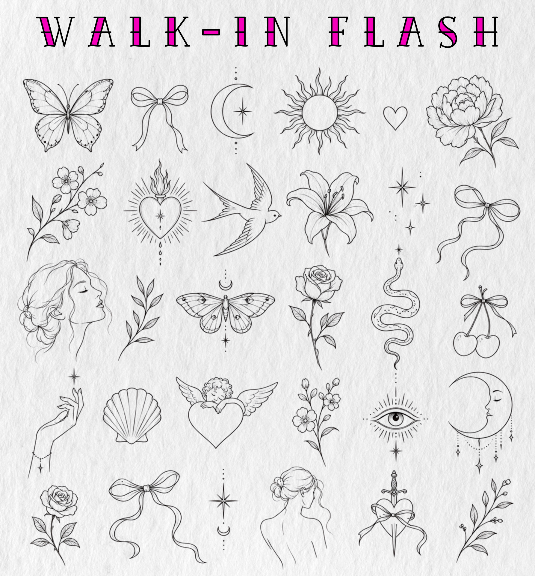 Filigrane Walk-in Flash Designs mit Blumen, Schleifen, Schmetterlingen, Monden, Schwalbe, Schlange und botanischen Motiven