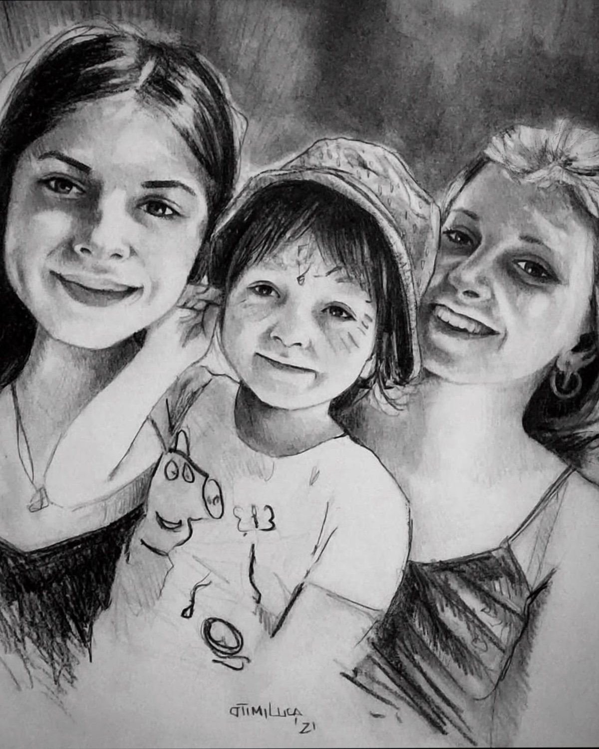 Kunst Deggendorf — Bleistift Familienportrait dreier Kinder, hyperrealistische Zeichnung von Luca Limito Artwork, Atelier Voltaire Artwork Deggendorf / Artwork Deggendorf — pencil family portrait of three children, hyperrealistic drawing by Luca Limito, Atelier Voltaire Artist Deggendorf