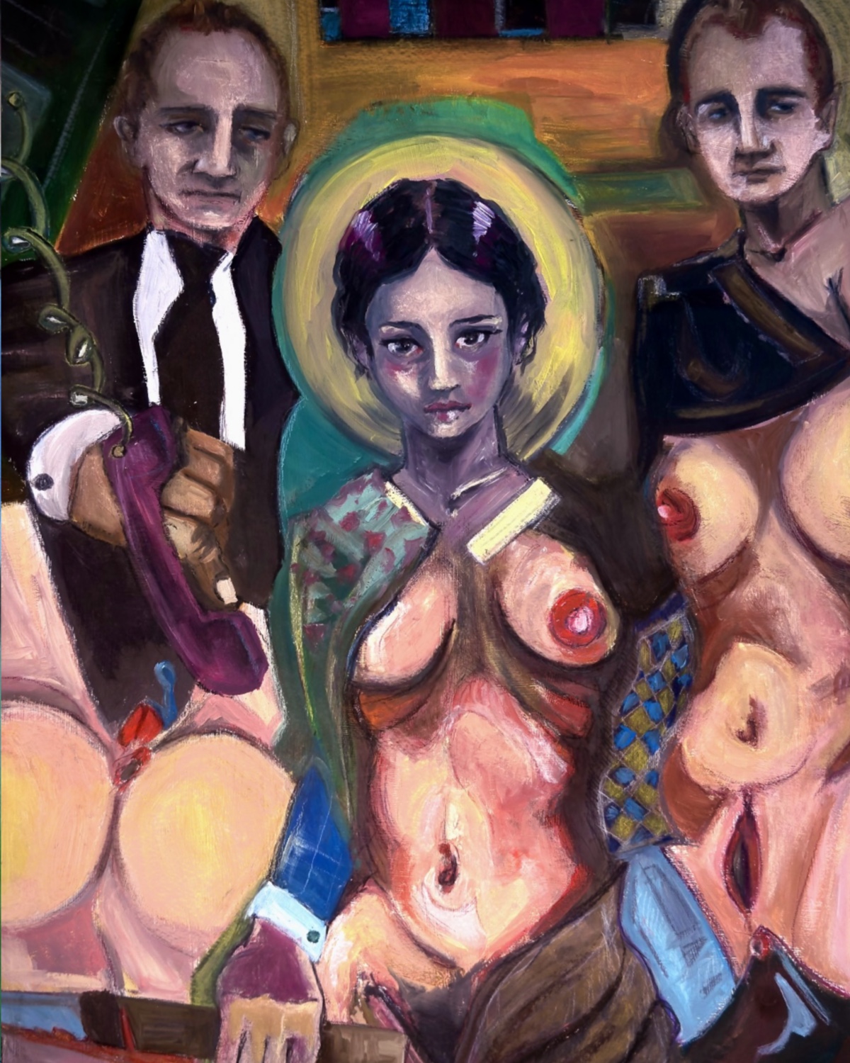 Artwork Deggendorf — expressionistisches Gemälde mit Heiligenfigur, Heiligenschein und männlichen Begleitern, Kunst Deggendorf von Luca Limito Artwork, Atelier Voltaire / Artwork Deggendorf — expressionist painting with haloed figure and male companions by Luca Limito, Atelier Voltaire Artist Deggendorf