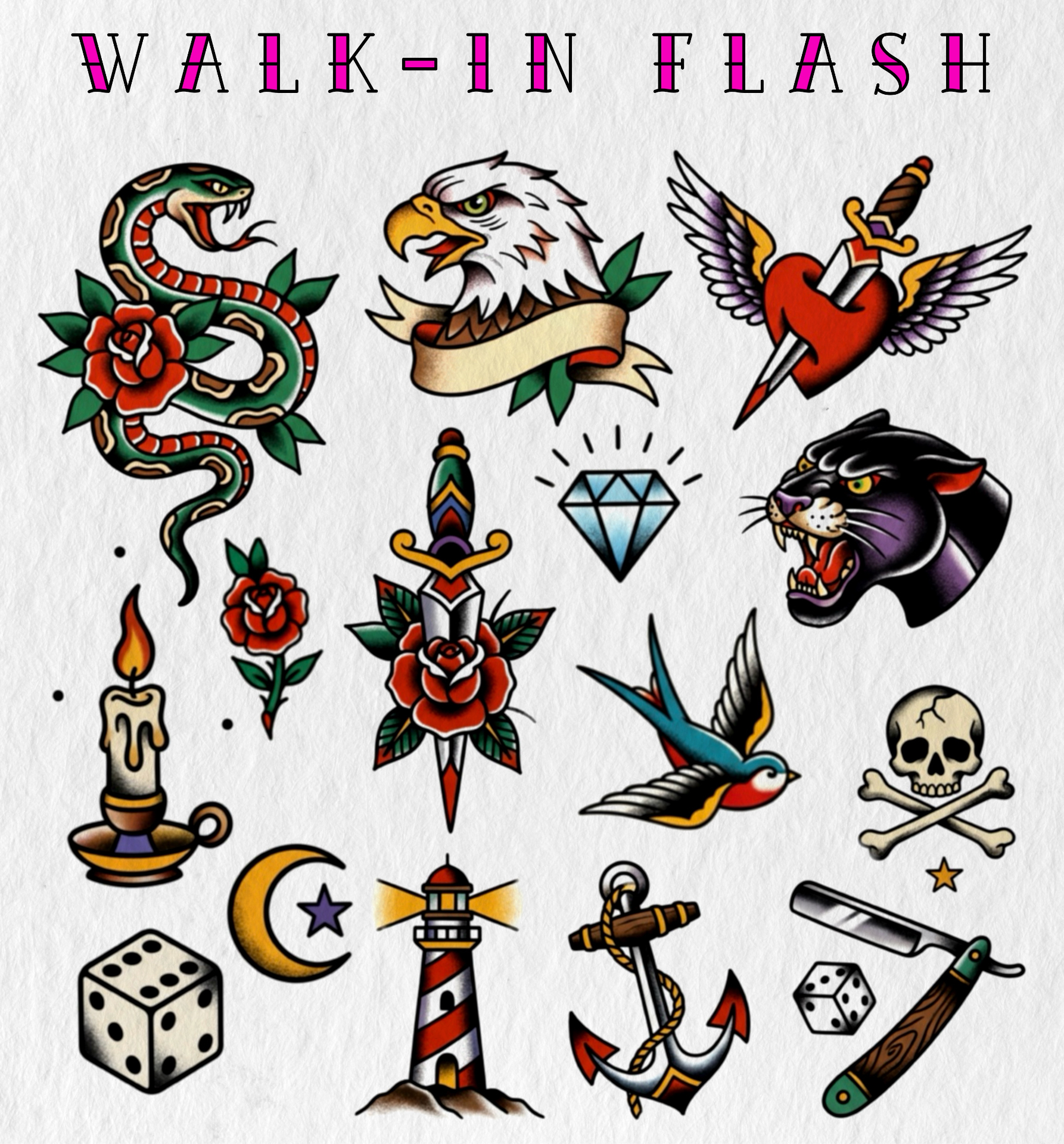 Farbige Traditional Walk-in Flash Designs mit Schlange, Adler, Panther, Rosen, Herz, Schwalbe, Anker und Leuchtturm