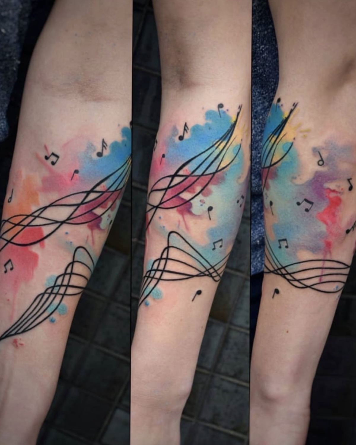 Aquarell Tattoo Deggendorf — Watercolor Musiknoten und Wellen Unterarm mit Farbsplashes, Tätowierer Deggendorf Luca Limito Tattoo, Atelier Voltaire Tattoo Studio / Watercolor tattoo Deggendorf — music notes and waves on forearm with colour splashes by Luca Limito at Atelier Voltaire Tattoo Studio